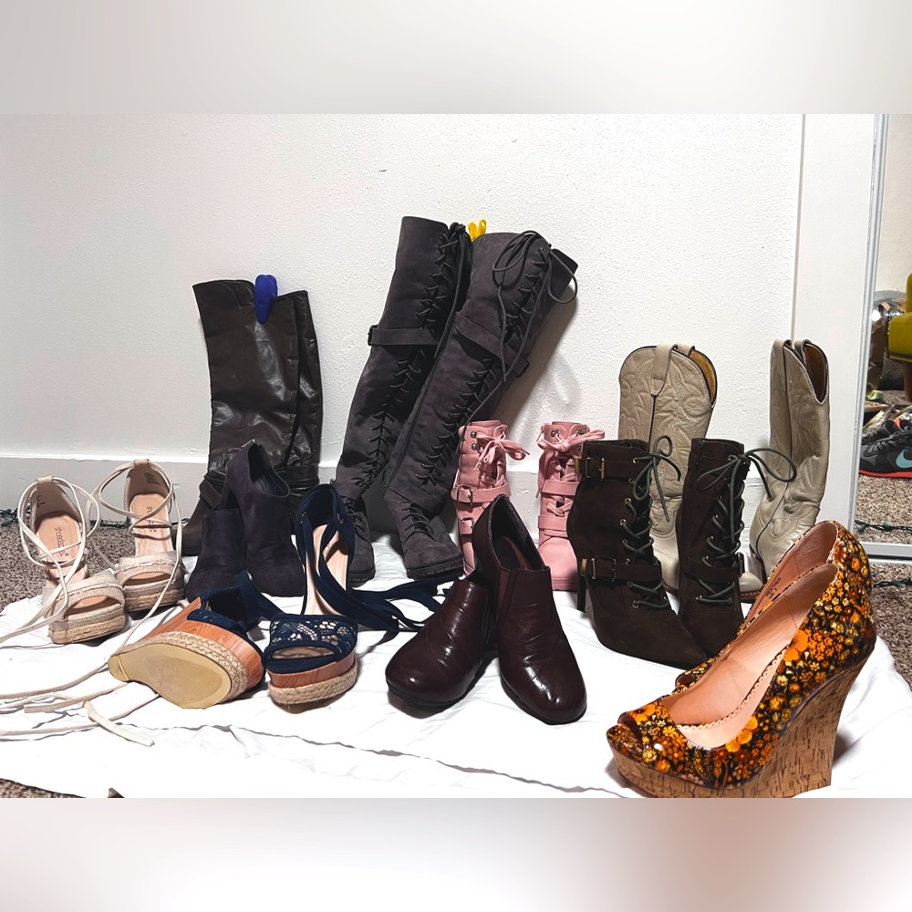 Several boots, booties, kicks, platform wedges